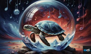 A psychic turtle inside a crystal ball surrounded by floating music notes